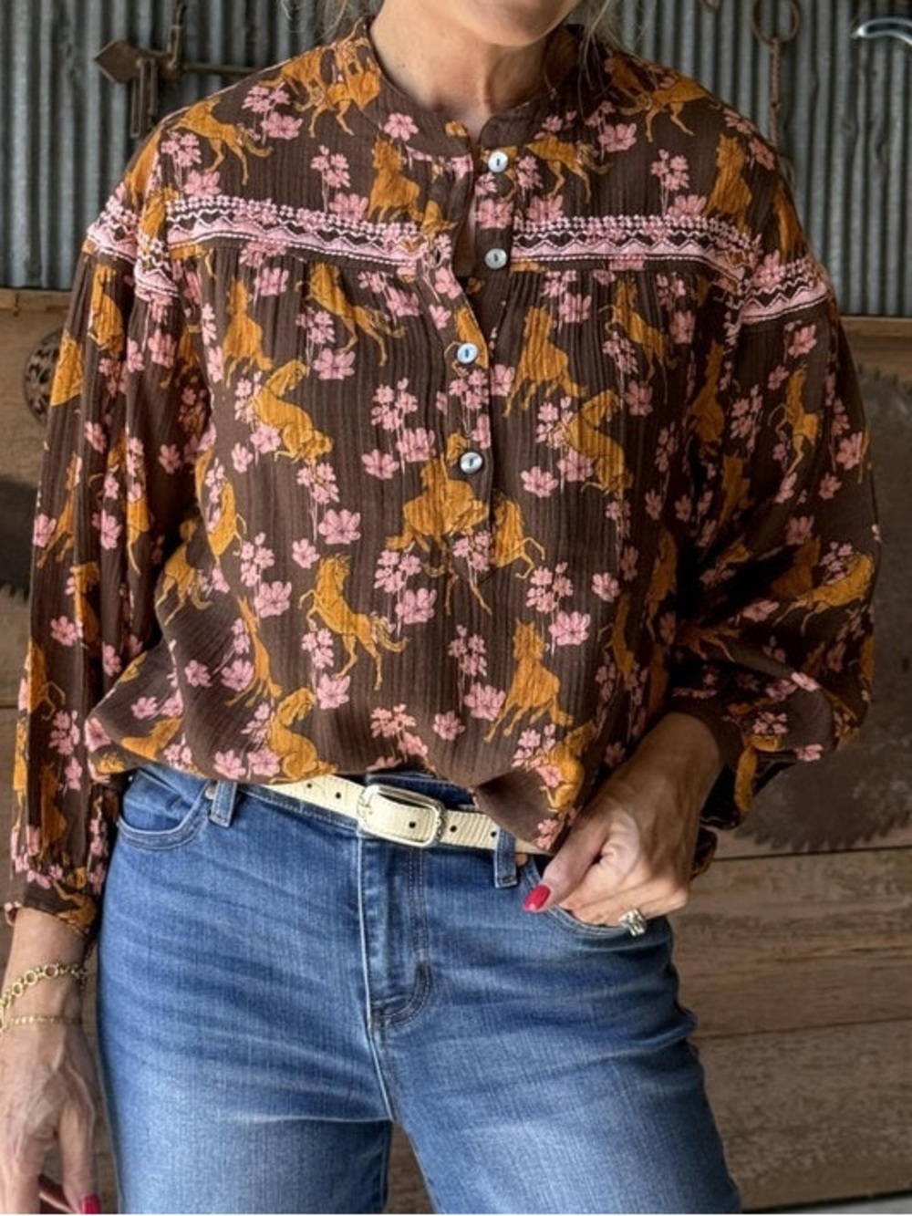 Ivy Jane Horsing Around Brown Floral Peasant Top Cotton Gauze Boho Size M